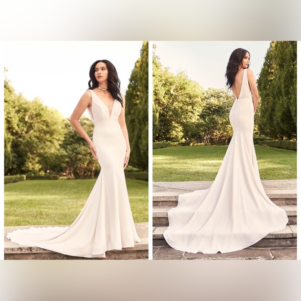 Paloma Blanca crepe fit and flare plunging neckline open back wedding dress